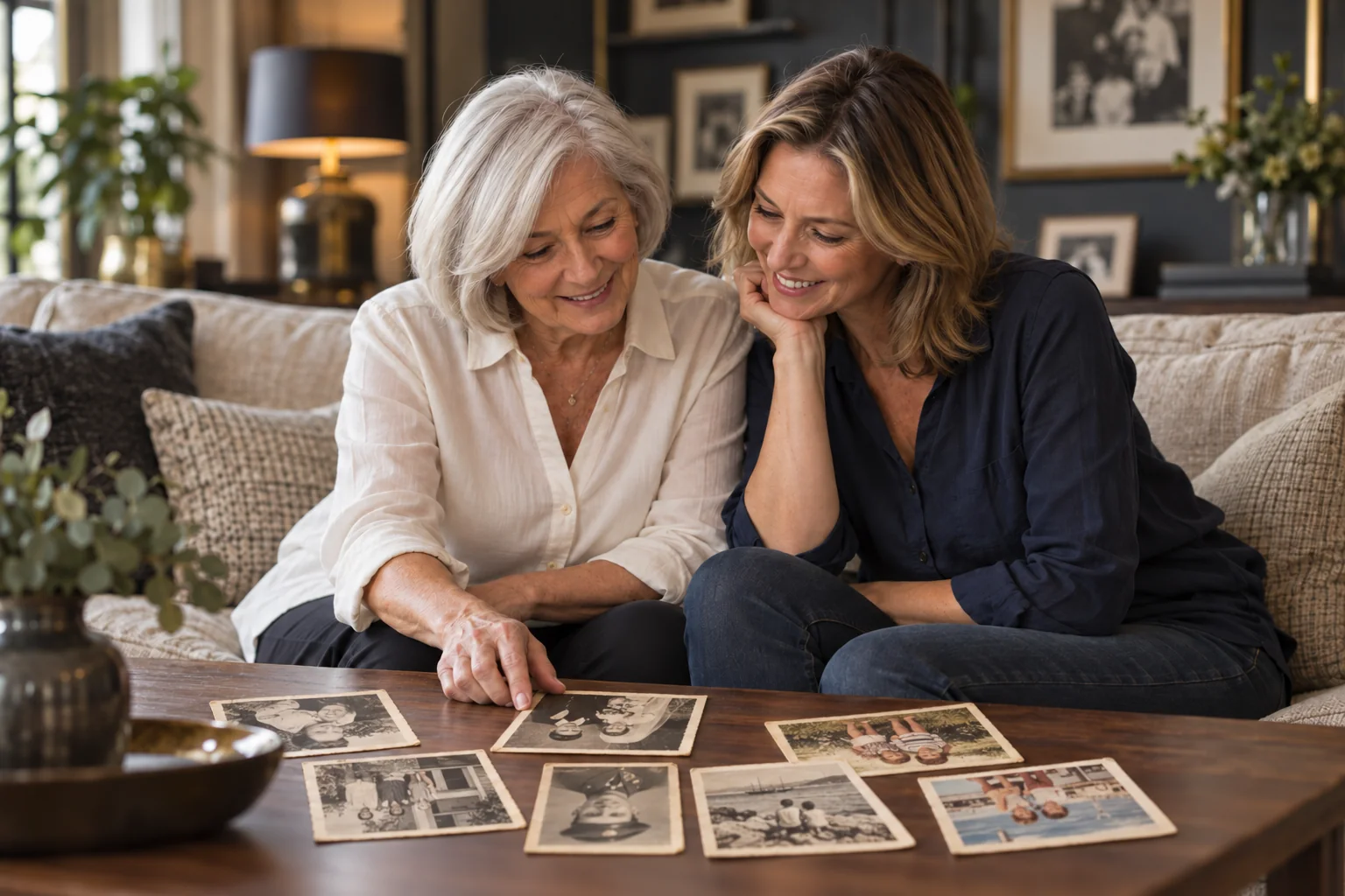 A mother and her adult daughter looking through loose family photographs together in a modern living room.
