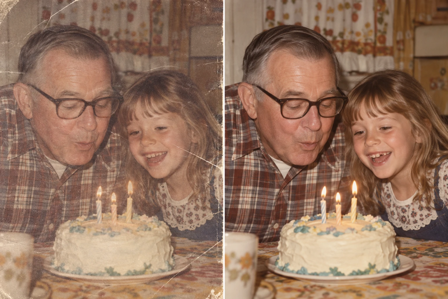 A grandfather and granddaughter blowing out birthday candles; faded and scratched illustration on the left, clear color illustration on the right.