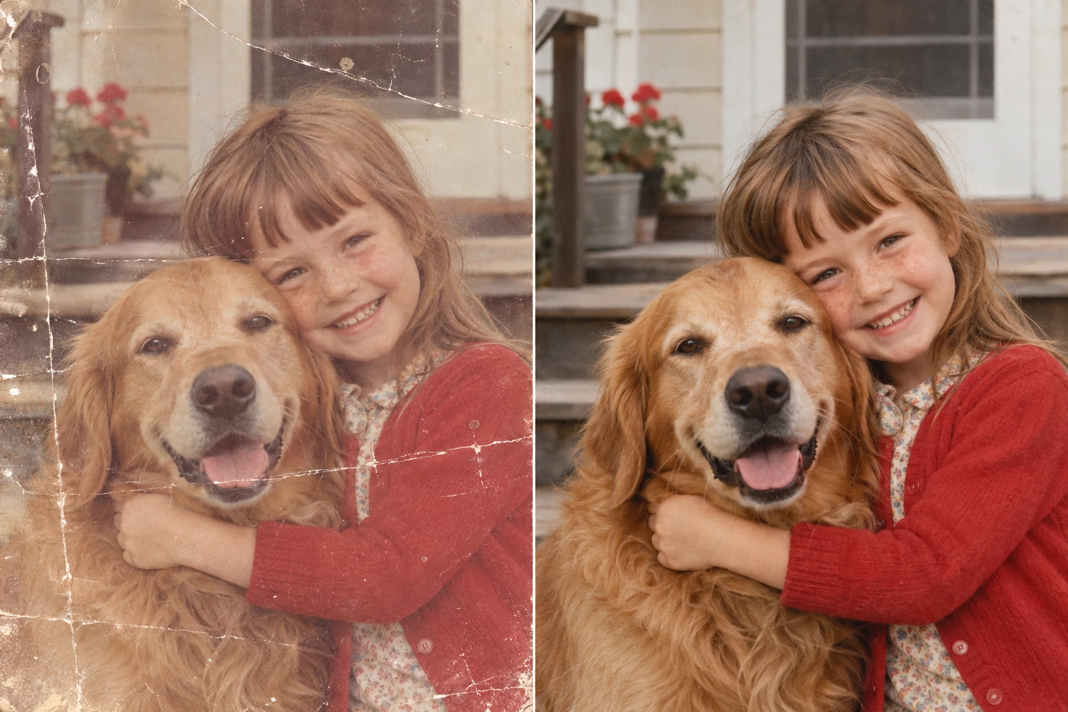A little girl hugging her golden retriever on the back steps; faded and scratched illustration on the left, clear color illustration on the right.