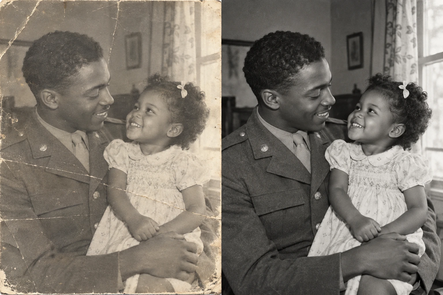 A father in uniform holding his smiling young daughter; worn photograph on the left, clear black-and-white illustration on the right.