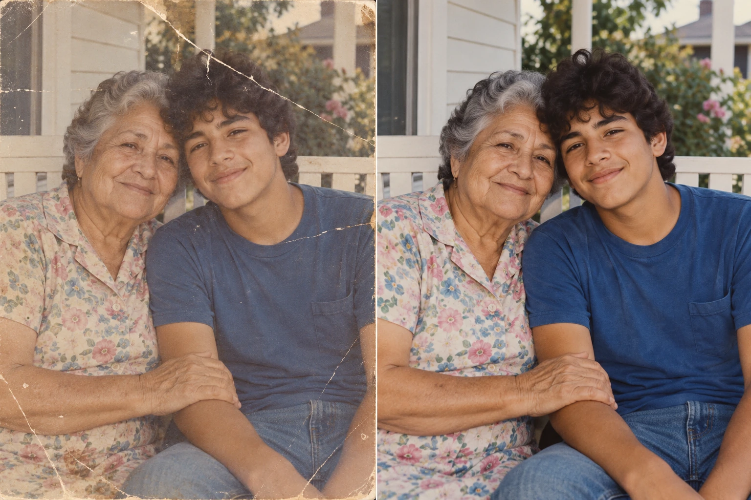 A grandmother and grandson sitting together on the porch; worn and faded illustration on the left, clear color illustration on the right.