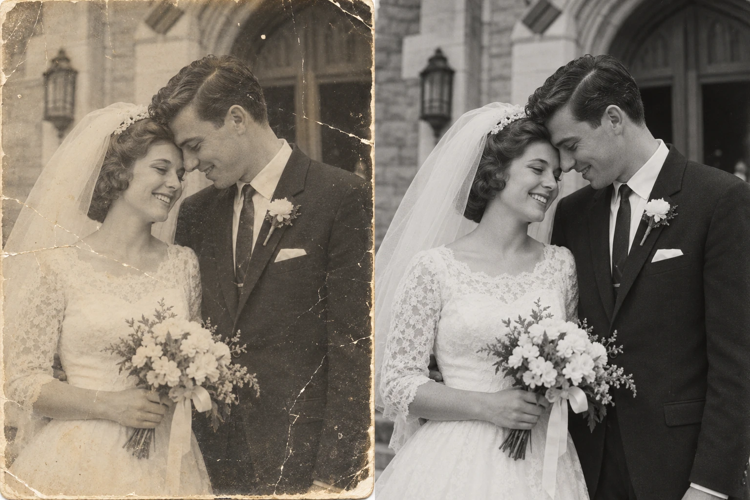 A bride and groom leaning their foreheads together outside a church; aged photograph on the left and a clear black-and-white illustration on the right.